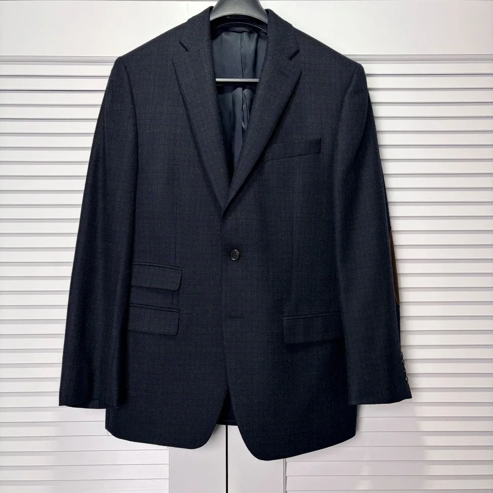 Lauren Ralph Lauren Mens Plaid Blazer Navy Blue Elbow Patches Sport Coat